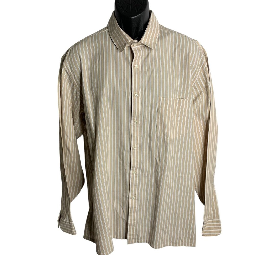 Vintage 90s John Henry Button Up Shirt 18.5 35-36 Tan Stripes Tie Bar Pocket